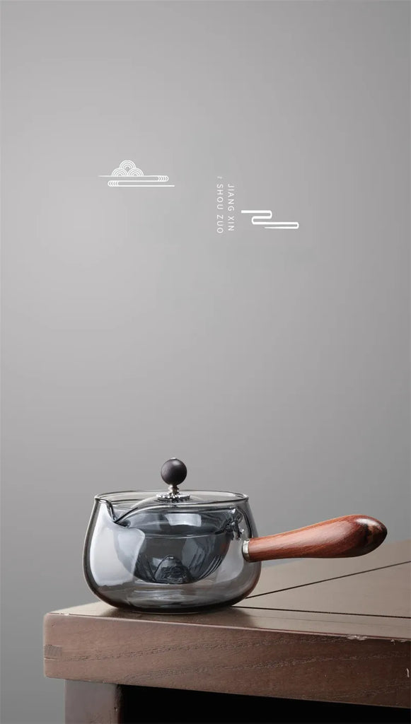 Semi-automatic Rotary Heat-resistant Glass Teapot Lazy Tea Making With Infuser And Wooden Handle Office Home