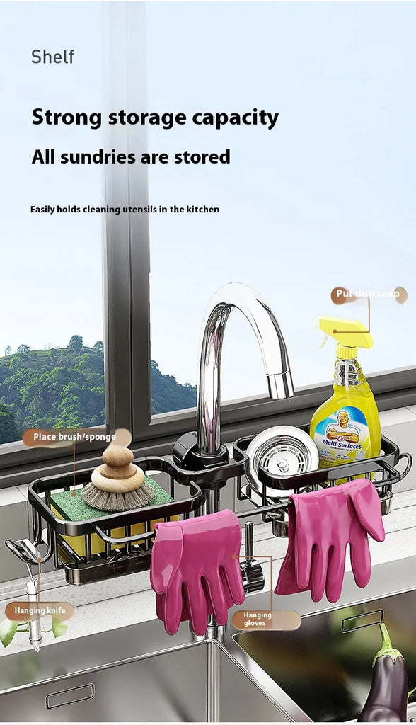 Kitchen Space Aluminum Sink Faucet Storage Rack Dishwasher Vegetable Sink Supplies Household Drain Basket Bathroom Accessories