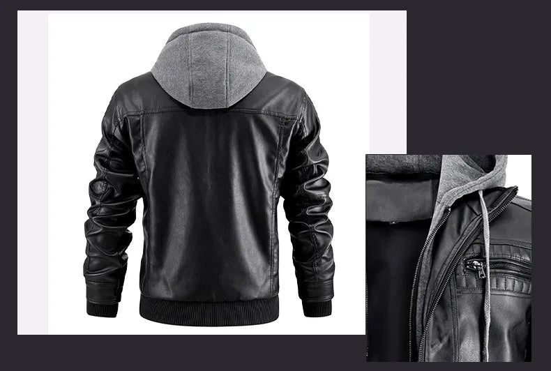 Hooded Jacket With Zipper Pockets Fashion Warm Pu Leather Coat Mens Clothing
