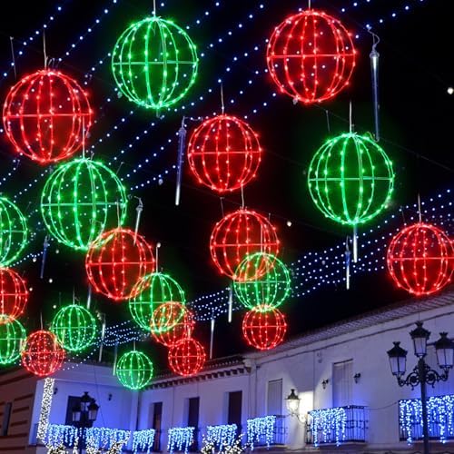 4 Pack 7.87" Outdoor Christmas Ball Lights, Hanging LED Sphere String Light with Metal Frame Multicolor Globe Lights for Holiday Garden Tree Patio Yard Party Outdoor Decor (Red Green)