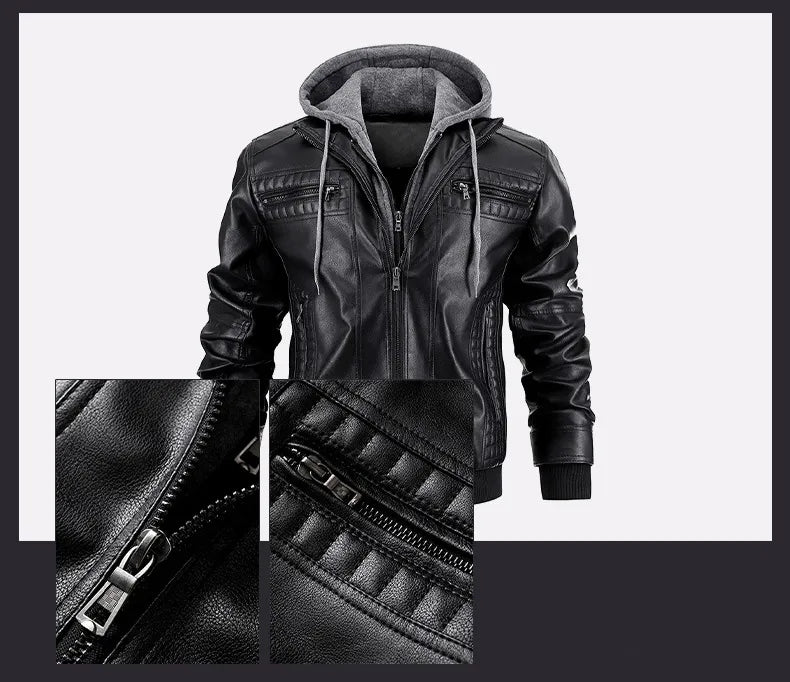 Hooded Jacket With Zipper Pockets Fashion Warm Pu Leather Coat Mens Clothing