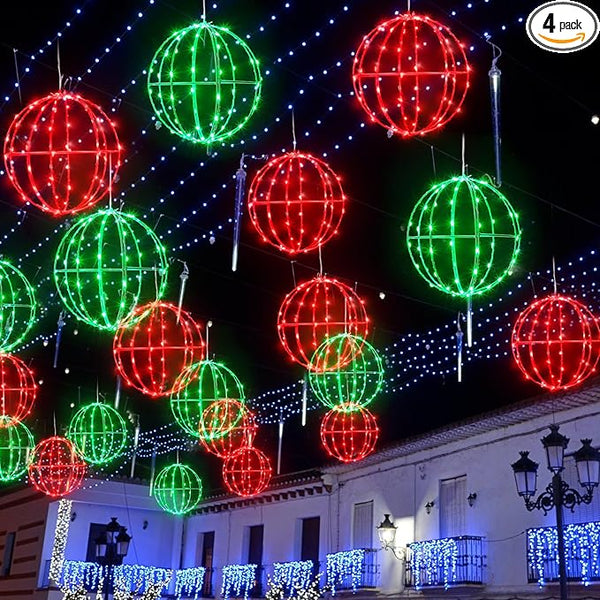 4 Pack 7.87" Outdoor Christmas Ball Lights, Hanging LED Sphere String Light with Metal Frame Multicolor Globe Lights for Holiday Garden Tree Patio Yard Party Outdoor Decor (Red Green)