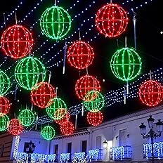 4 Pack 7.87" Outdoor Christmas Ball Lights, Hanging LED Sphere String Light with Metal Frame Multicolor Globe Lights for Holiday Garden Tree Patio Yard Party Outdoor Decor (Red Green)