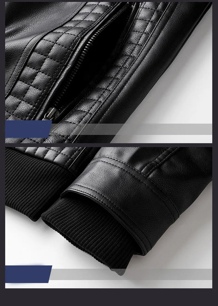 Hooded Jacket With Zipper Pockets Fashion Warm Pu Leather Coat Mens Clothing