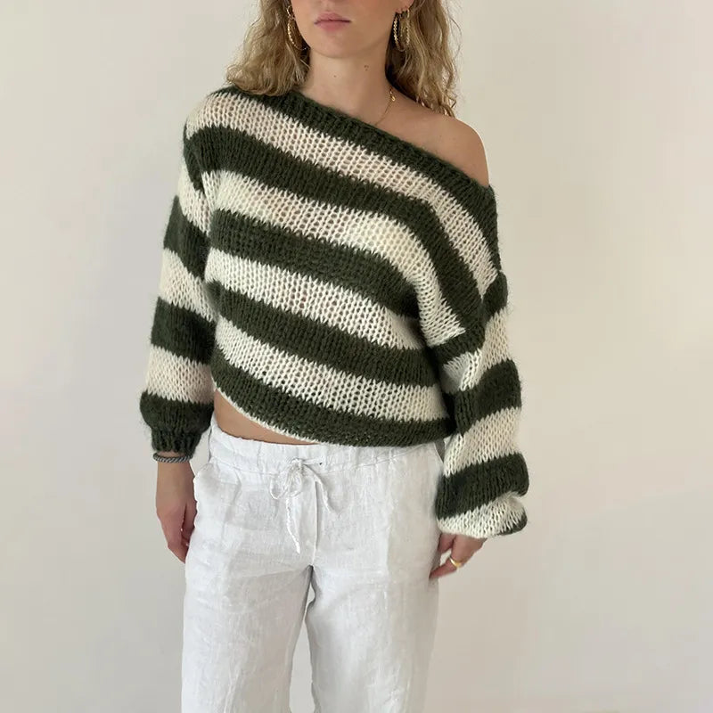 Loose Striped Pullover Sweater Fashion Versatile Long-sleeved Knitted Tops For Women Clothing