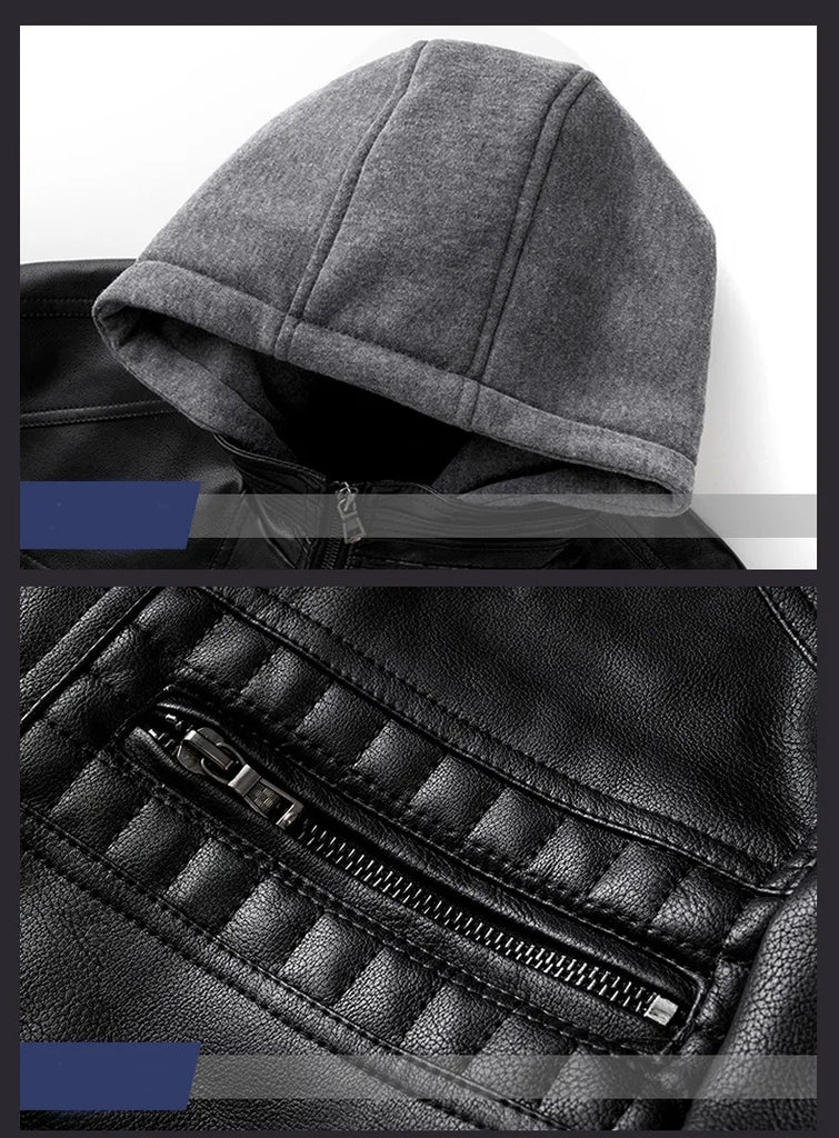 Hooded Jacket With Zipper Pockets Fashion Warm Pu Leather Coat Mens Clothing